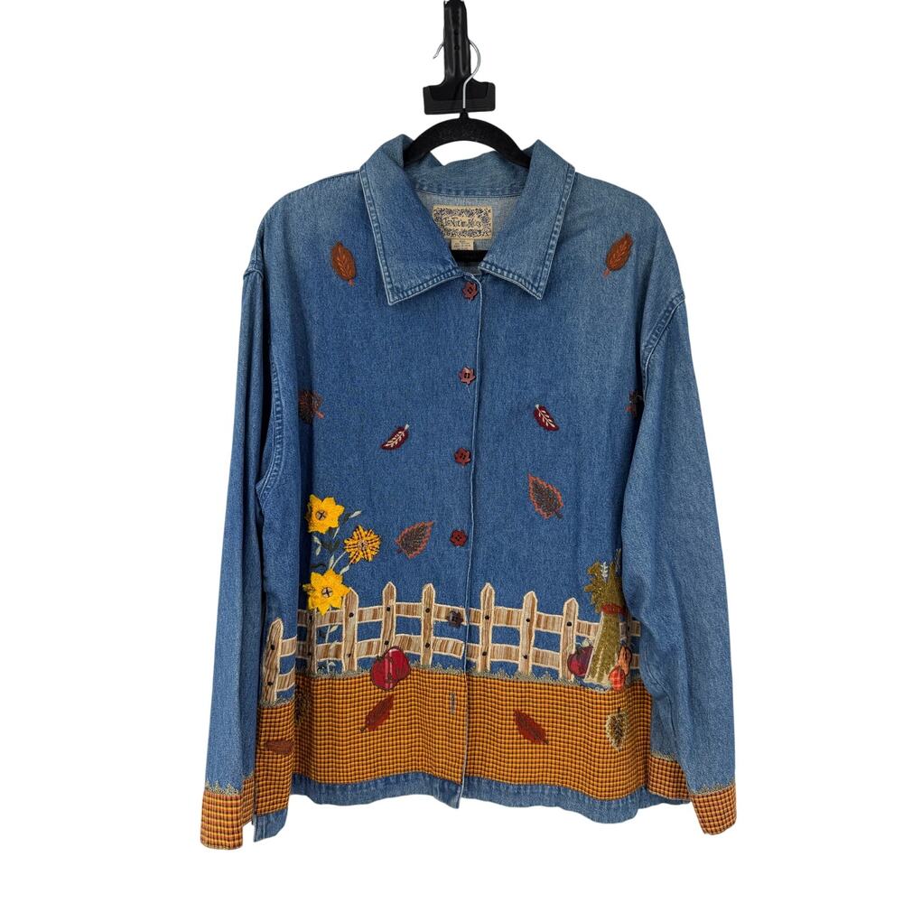 Vintage Jean Shirt Jacket Womens XL Blue Embroidered Fall Harvest Thanksgiving